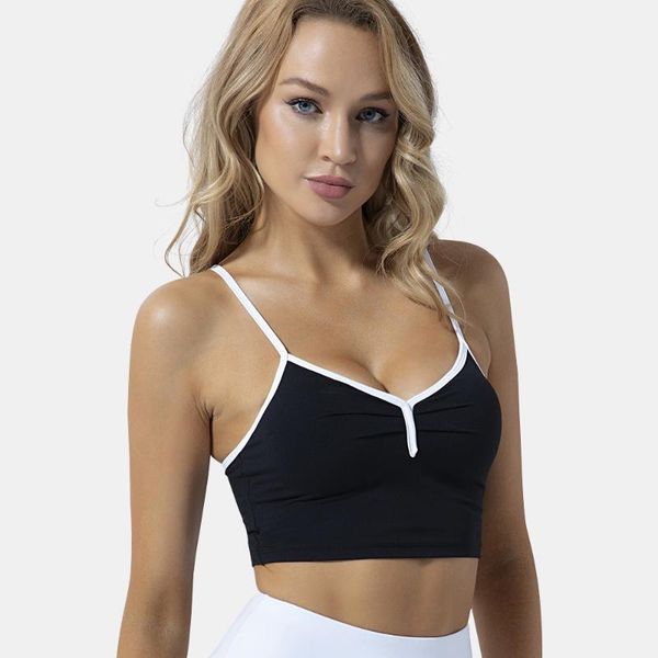 luobolan 2020 new women deep v neck sports bra gym female thin shoulder strap fitness yoga bra sport with padded, White;red